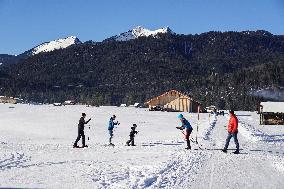 Skiing Exercises On Flat Terrain In The Bavarian Werdenfelser Land