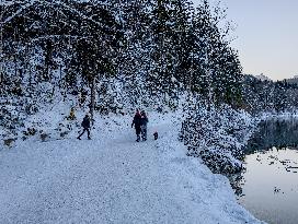 Bavarian Lake Alpsee Circular Trail In Winter