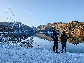 Bavarian Lake Alpsee Circular Trail In Winter