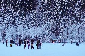 Outdoor Activities On The Frozen Bavarian Lake Schwansee