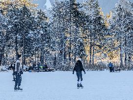 Outdoor Activities On The Frozen Bavarian Lake Schwansee