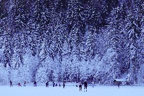 Outdoor Activities On The Frozen Bavarian Lake Schwansee