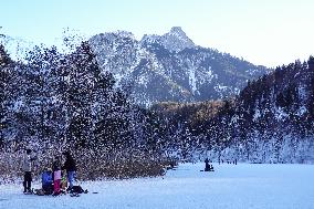 Outdoor Activities On The Frozen Bavarian Lake Schwansee