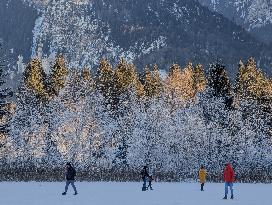 Outdoor Activities On The Frozen Bavarian Lake Schwansee