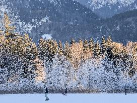 Outdoor Activities On The Frozen Bavarian Lake Schwansee