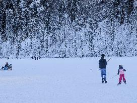 Outdoor Activities On The Frozen Bavarian Lake Schwansee