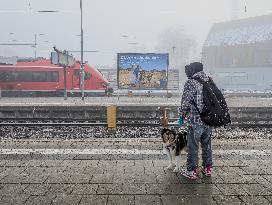 Buchloe Train Station In Bavaria On A Hazy Foggy Morning