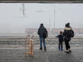 Buchloe Train Station In Bavaria On A Hazy Foggy Morning