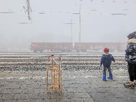 Buchloe Train Station In Bavaria On A Hazy Foggy Morning