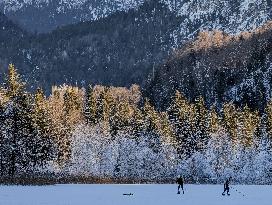 Outdoor Activities On The Frozen Bavarian Lake Schwansee