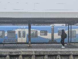 Buchloe Train Station In Bavaria On A Hazy Foggy Morning