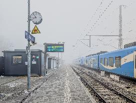 Buchloe Train Station In Bavaria On A Hazy Foggy Morning