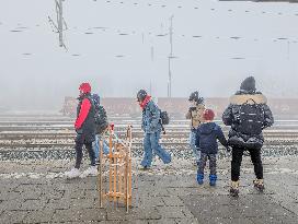 Buchloe Train Station In Bavaria On A Hazy Foggy Morning