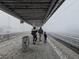 Buchloe Train Station In Bavaria On A Hazy Foggy Morning