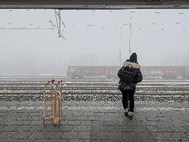 Buchloe Train Station In Bavaria On A Hazy Foggy Morning