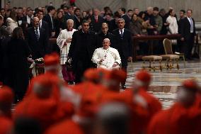 Pope Francis celebrates the mass of First Vespers and Te Deum in Altar of the Confessio, St. Peterâs Basilica