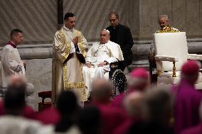 Pope Francis celebrates the mass of First Vespers and Te Deum in Altar of the Confessio, St. Peterâs Basilica