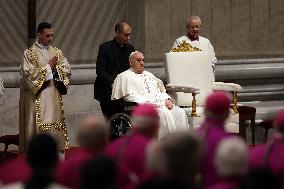 Pope Francis celebrates the mass of First Vespers and Te Deum in Altar of the Confessio, St. Peterâs Basilica