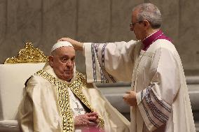 Pope Francis celebrates the mass of First Vespers and Te Deum in Altar of the Confessio, St. Peterâs Basilica