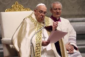 Pope Francis celebrates the mass of First Vespers and Te Deum in Altar of the Confessio, St. Peterâs Basilica