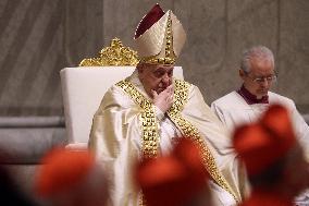 Pope Francis celebrates the mass of First Vespers and Te Deum in Altar of the Confessio, St. Peterâs Basilica