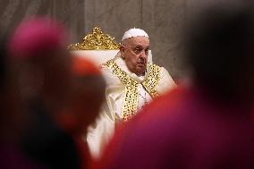 Pope Francis celebrates the mass of First Vespers and Te Deum in Altar of the Confessio, St. Peterâs Basilica