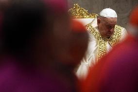 Pope Francis celebrates the mass of First Vespers and Te Deum in Altar of the Confessio, St. Peterâs Basilica