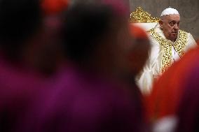 Pope Francis celebrates the mass of First Vespers and Te Deum in Altar of the Confessio, St. Peterâs Basilica