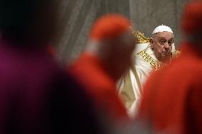 Pope Francis celebrates the mass of First Vespers and Te Deum in Altar of the Confessio, St. Peterâs Basilica