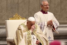 Pope Francis celebrates the mass of First Vespers and Te Deum in Altar of the Confessio, St. Peterâs Basilica