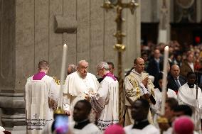 Pope Francis celebrates the mass of First Vespers and Te Deum in Altar of the Confessio, St. Peterâs Basilica