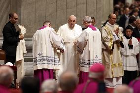 Pope Francis celebrates the mass of First Vespers and Te Deum in Altar of the Confessio, St. Peterâs Basilica