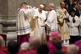 Pope Francis celebrates the mass of First Vespers and Te Deum in Altar of the Confessio, St. Peterâs Basilica