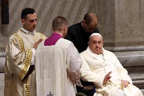 Pope Francis celebrates the mass of First Vespers and Te Deum in Altar of the Confessio, St. Peterâs Basilica