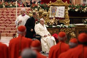 Pope Francis celebrates the mass of First Vespers and Te Deum in Altar of the Confessio, St. Peterâs Basilica