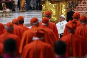 Pope Francis celebrates the mass of First Vespers and Te Deum in Altar of the Confessio, St. Peterâs Basilica