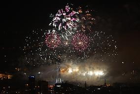 Barcelona Welcomes2025 With Drone And Fireworks