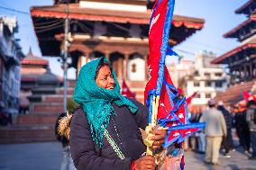 New Year's Day Flag Seller In Kathmandu, Nepal.