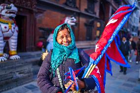 New Year's Day Flag Seller In Kathmandu, Nepal.