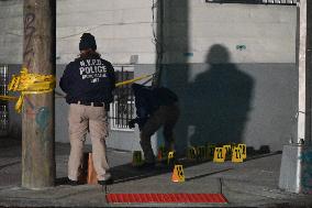 NYPD Crime Scene Investigators Photograph And Collect Evidence At Nightclub Mass Shooting In Queens New York City