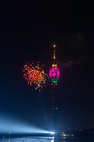 Fireworks Light Up The Sky Near Lotus Tower On New Year's Eve 2025