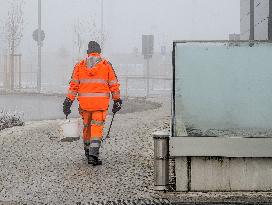 Cleaner At Bavarian Buchloe Train Station