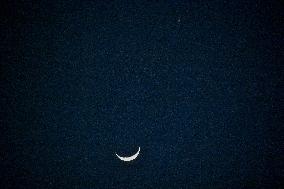 Moon And Venus Seen In The Night Sky In India.