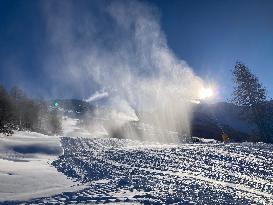 Snowmaking System In Action In Sestrieres