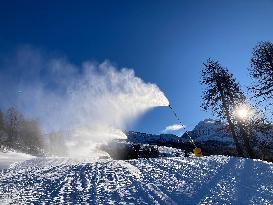 Snowmaking System In Action In Sestrieres