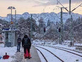 Bavarian Train Station Murnau In Winter