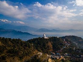 Aerial View Of World Peace Pagoda In Pokhara, Nepal