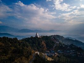 Aerial View Of World Peace Pagoda In Pokhara, Nepal