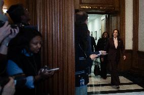 Kamala Harris speaks to media following certification of electoral result