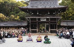 Sumo: Ring-entering rite at shrine in Tokyo